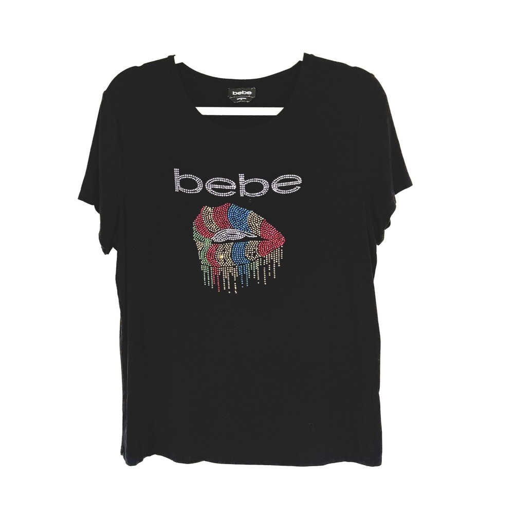 Bebe y2k Womens Plus 1X Black Rhinestone Dripping Lips Graphic T-Shirt Shiny 90s